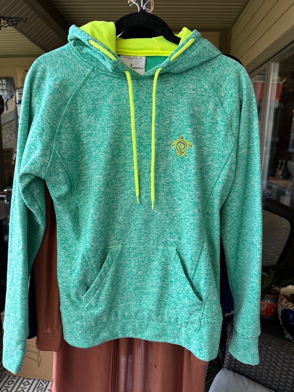 J. America Heather Teal Pullover Hoodie with Neon Yellow Accents Small 20” P2P